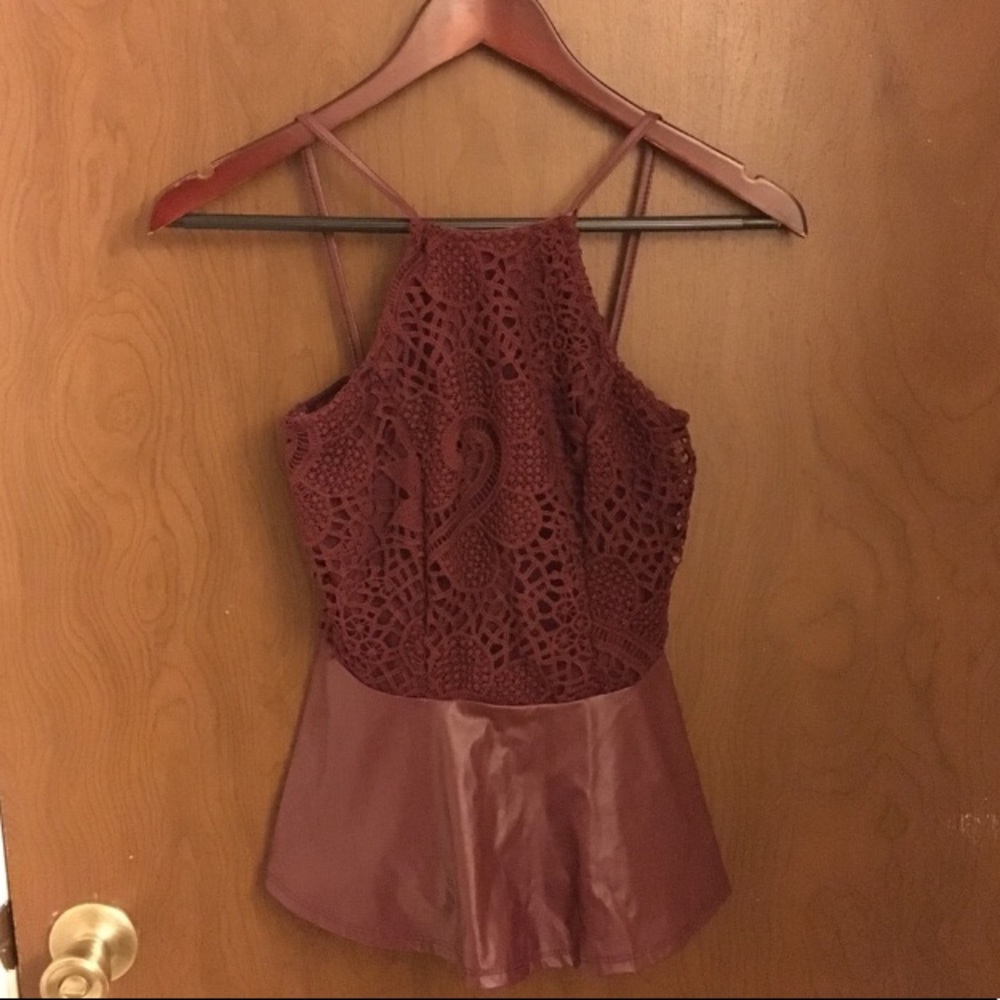 Wine Crochet Pleather Top